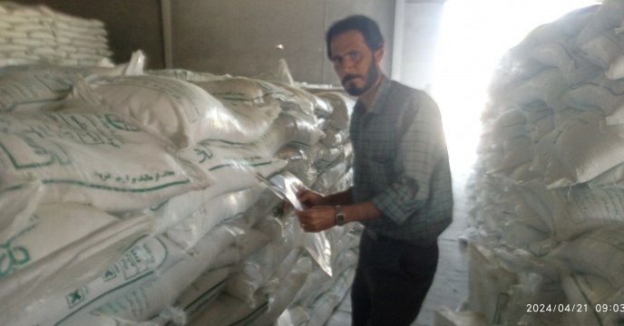 نمونه برداری از کود سولفات پتاسیم پودری تولید شرکت توسعه گستر کویر در انبار مرکزی استان کرمان 