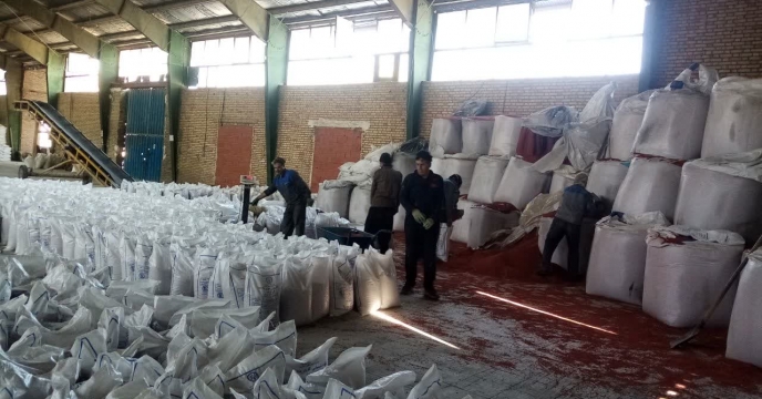 کیسه گیری کود کلرو پتاسیم وارداتی در انبارهای شرکت خدمات حمایتی کشاورزی خراسان شمالی