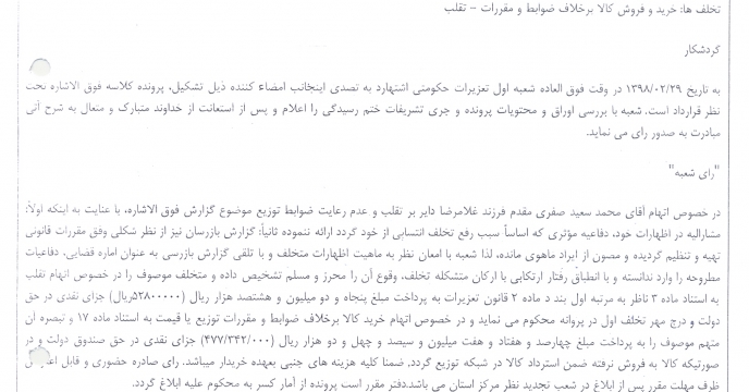 رأی صادره برای واحد تولیدی متخلف صفری مقدم