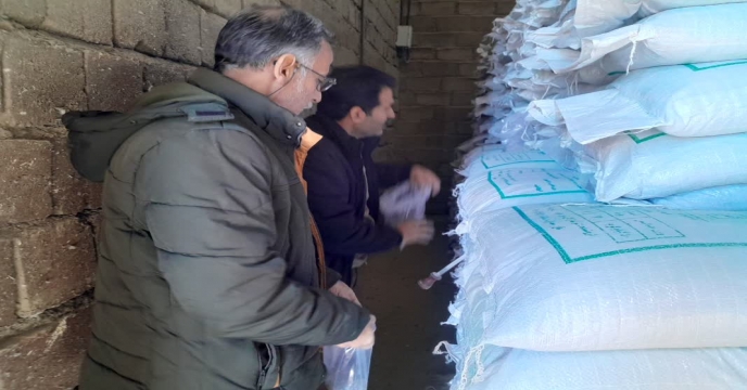 نمونه برداری ازکود سوپر فسفات ساده گرانوله ارسالی از ارکان شیمی جنوب در انبار سازمانی کود شهید شاملو استان مرکزی