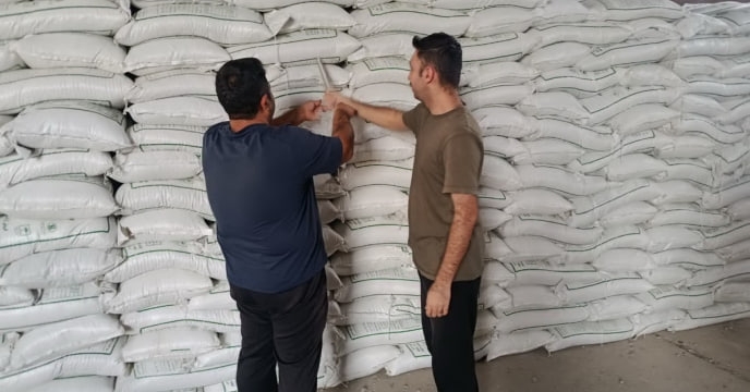 نمونه‌برداری از کود سولفات پتاسیم تولید داخل در انبار مرکزی شرکت خدمات حمایتی کشاورزی استان تهران