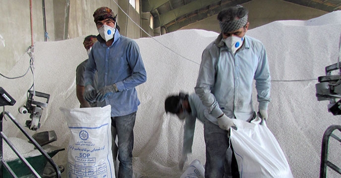 کیسه گیری کود شیمیایی سولفات پتاسیم در شرکت خدمات حمایتی کشاورزی استان همدان